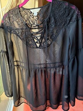 Decree Black Sheer Lace-Up Peasant Blouse